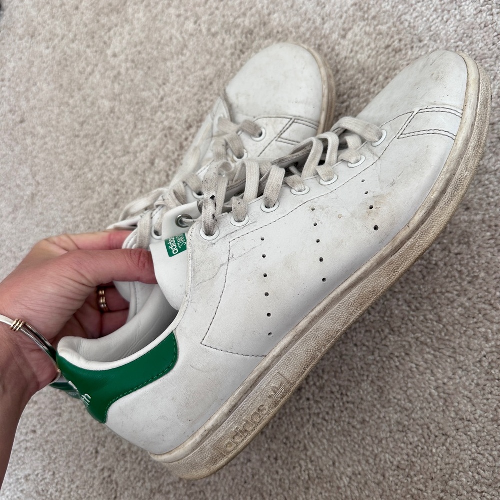 adidas White Leather Sneakers with Green Heel Accents